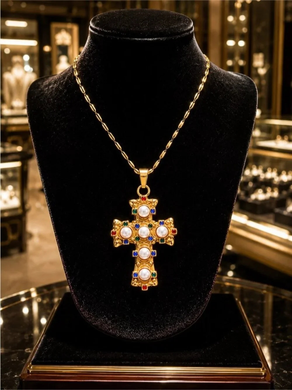 Vintage Gold tone Cross Pendant Necklace with Pearls & Multicolored Gems